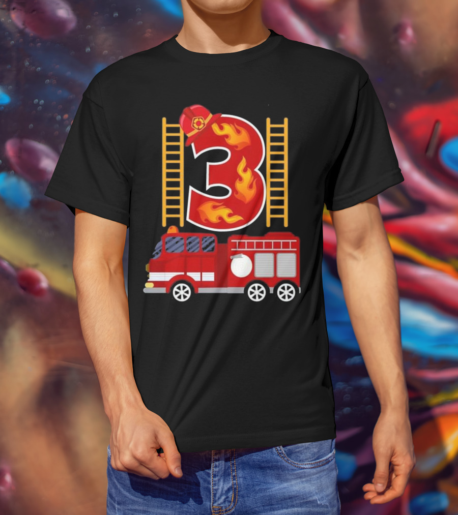 Birthday Firefighter Number 3 Fire Truck Flames Hat Ladder T-Shirt