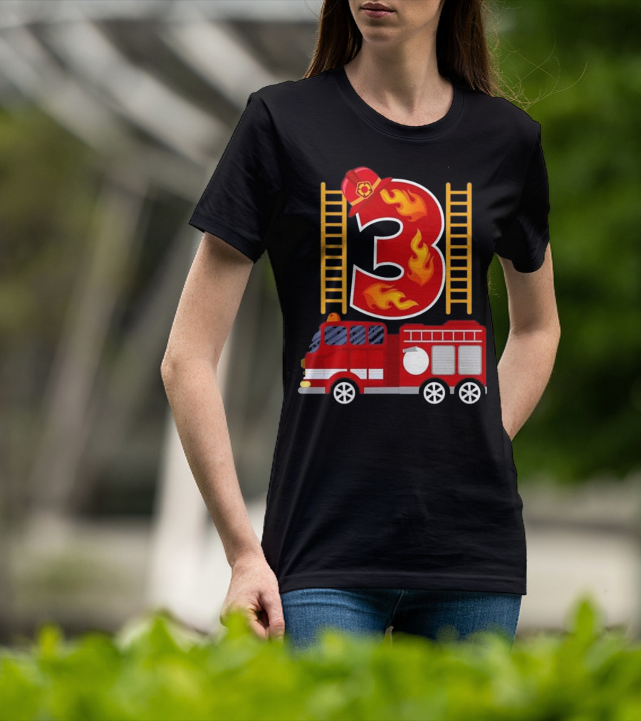 Birthday Firefighter Number 3 Fire Truck Flames Hat Ladder T-Shirt