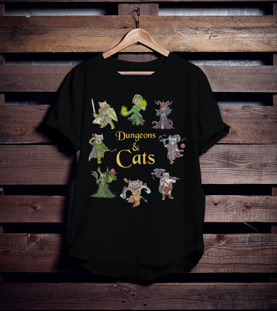 Dungeons And Cats Warrior Mage Archer Knight Characters T-Shirt