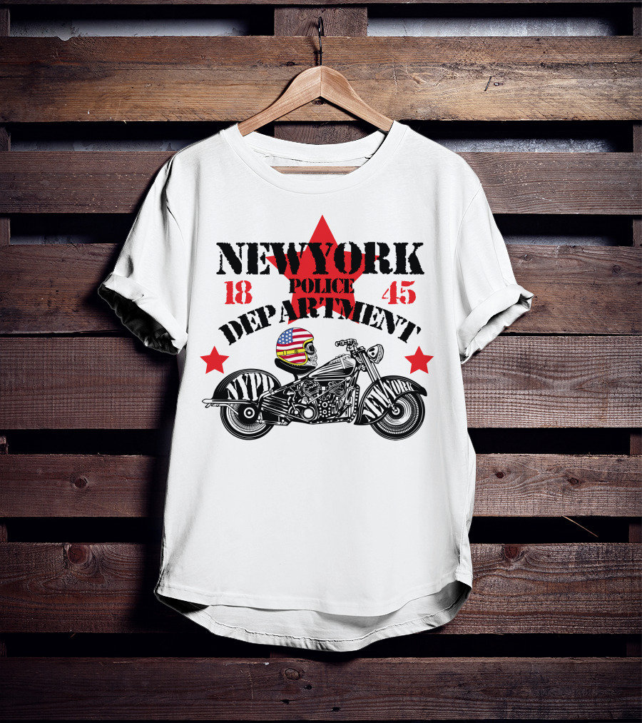 NEWYORK Police Department 1845 NYPD Motorcycle Skull Helmet Stars T-Shirt