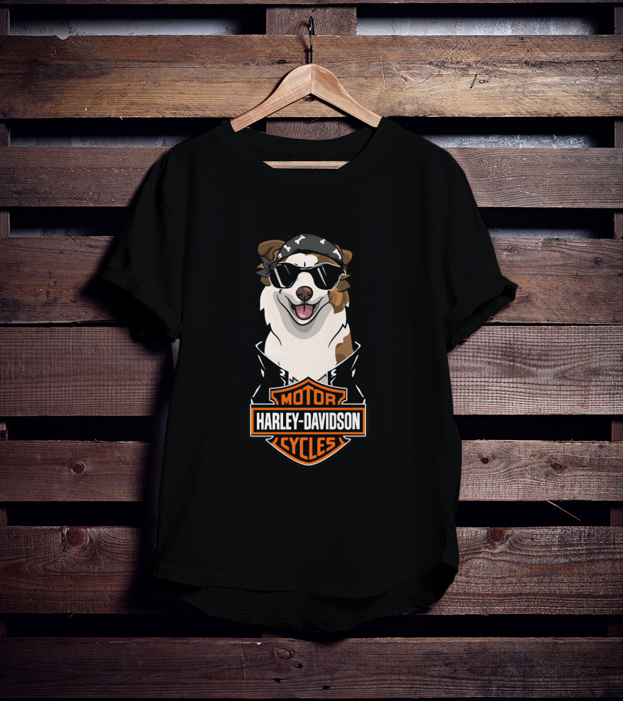 Harley Davidson Motor Cycles Australian Shepherd Biker Dog T-Shirt