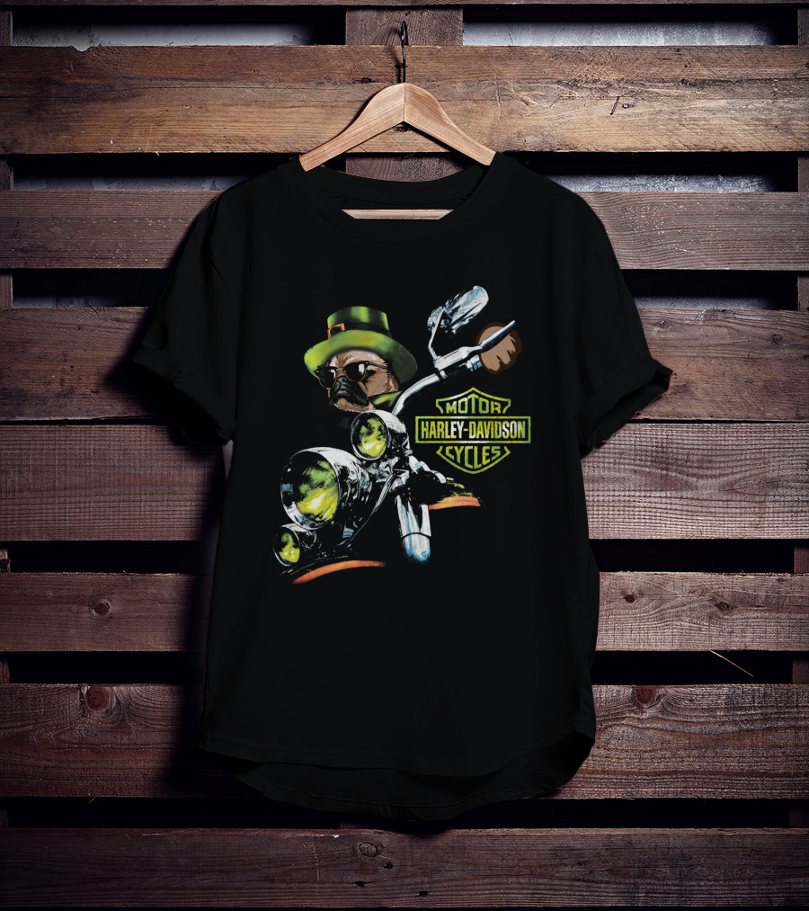 Harley Davidson Motor Cycles Pug In Green Hat Patrick Day T-Shirt