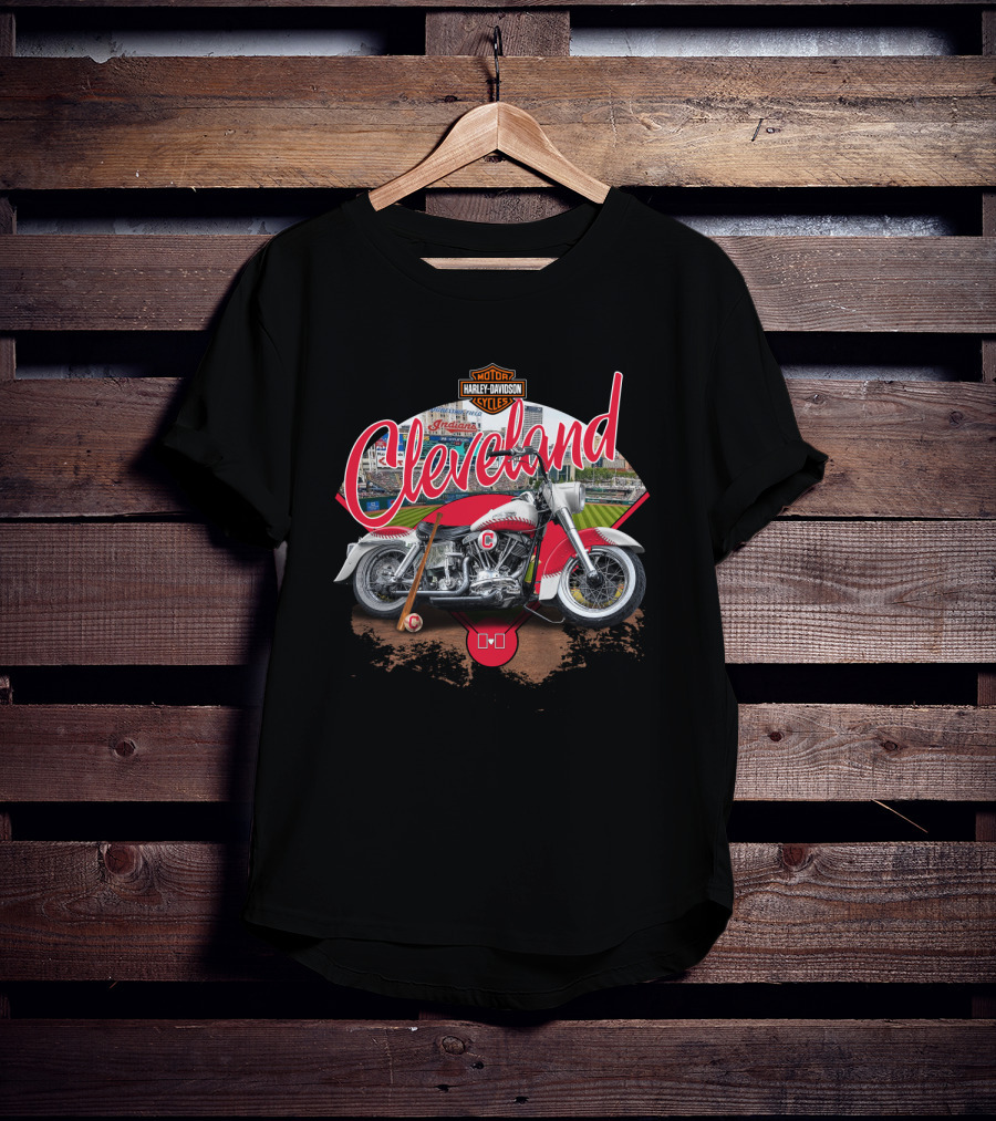 Cleveland Harley Davidson Indians Baseball Motorcycle Scene T-Shirt
