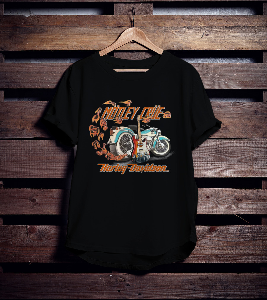 Motley Crue Harley Davidson Motorcycle With Electric Guitar And Flames T-Shirt