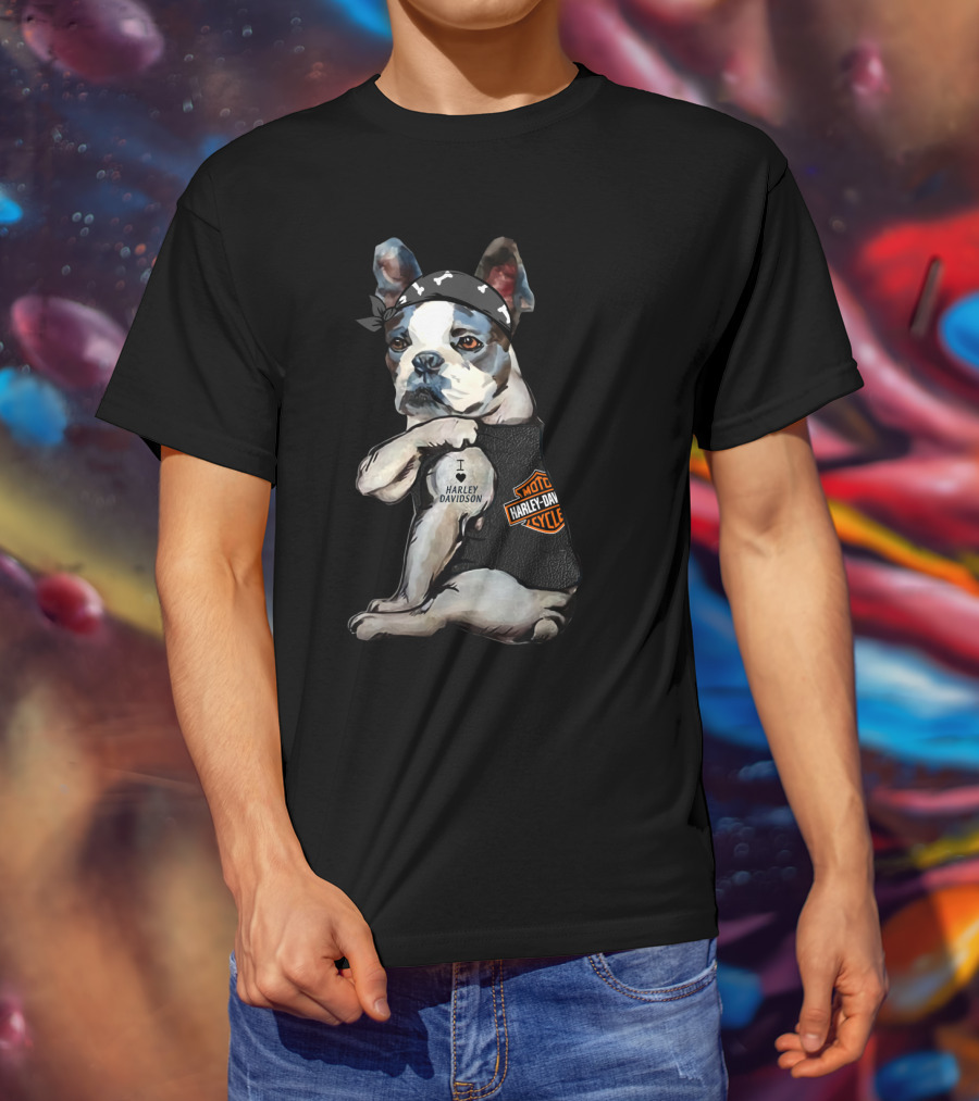 I Love Harley Davidson Boston Terrier Motorcycle Rider Theme T-Shirt