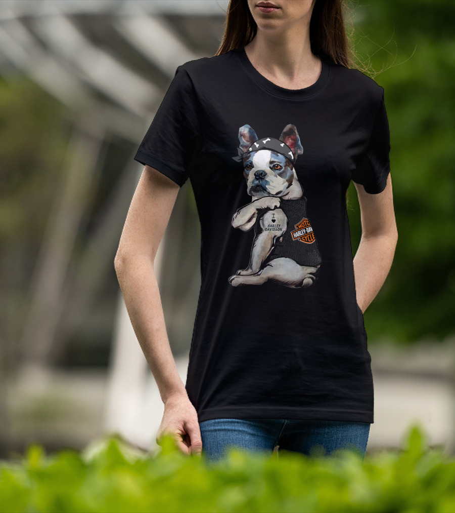 I Love Harley Davidson Boston Terrier Motorcycle Rider Theme T-Shirt