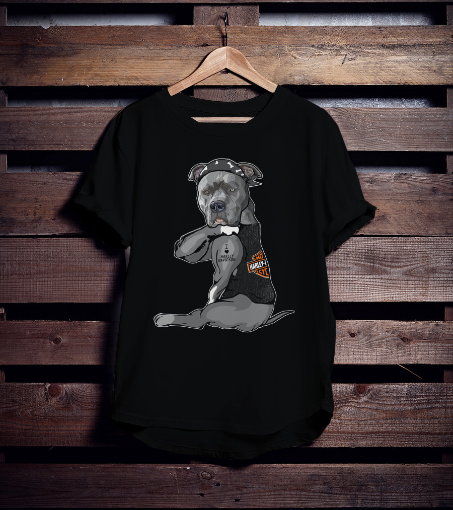 Harley Davidson Pitbull Wearing Bandana And Vest T-Shirt