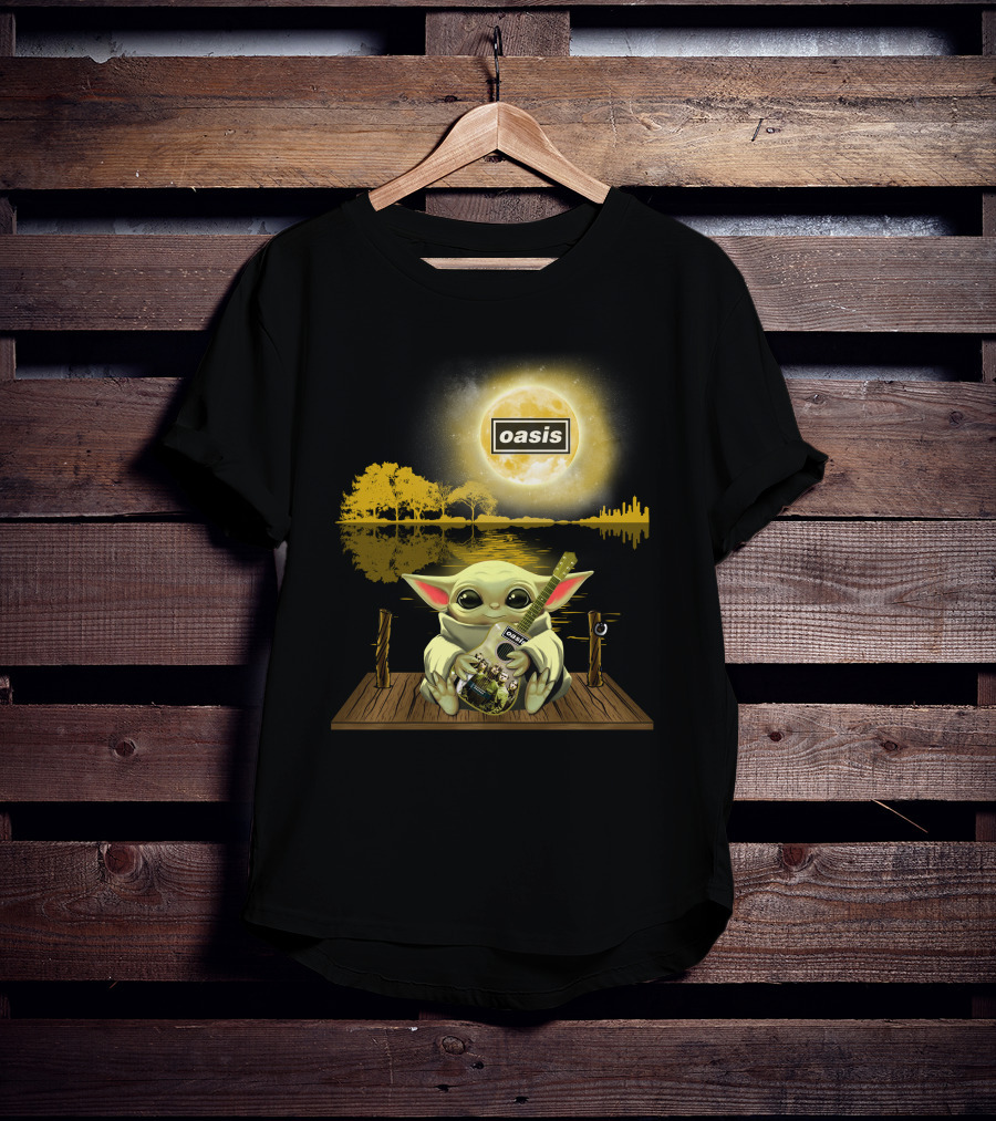 Oasis Moon And Baby Yoda With Guitar On Dock T-Shirt
