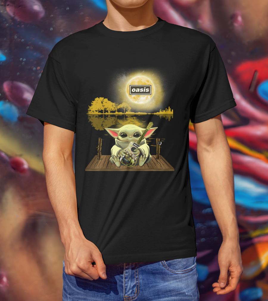 Oasis Moon And Baby Yoda With Guitar On Dock T-Shirt