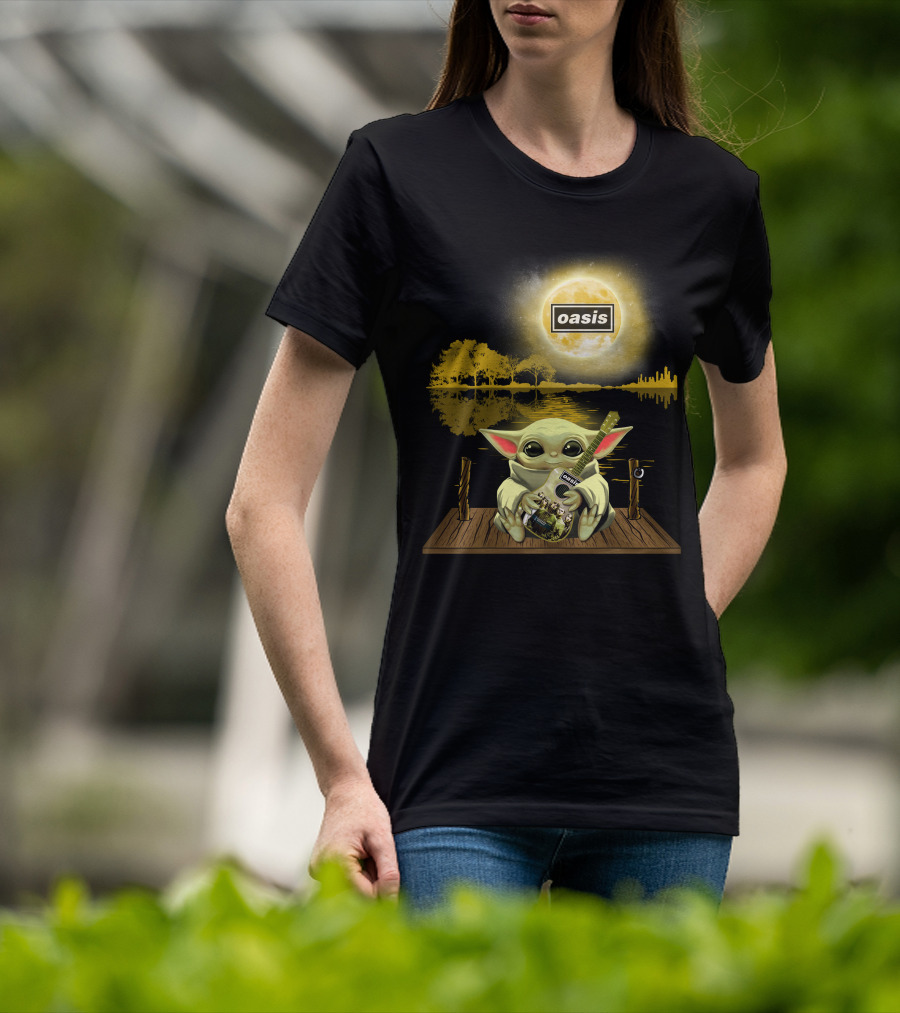 Oasis Moon And Baby Yoda With Guitar On Dock T-Shirt