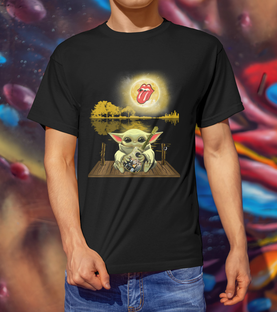 The Rolling Stones Tongue Logo And Baby Yoda With Guitar Under Moonlit Sky Trees And Lake Reflection T-Shirt
