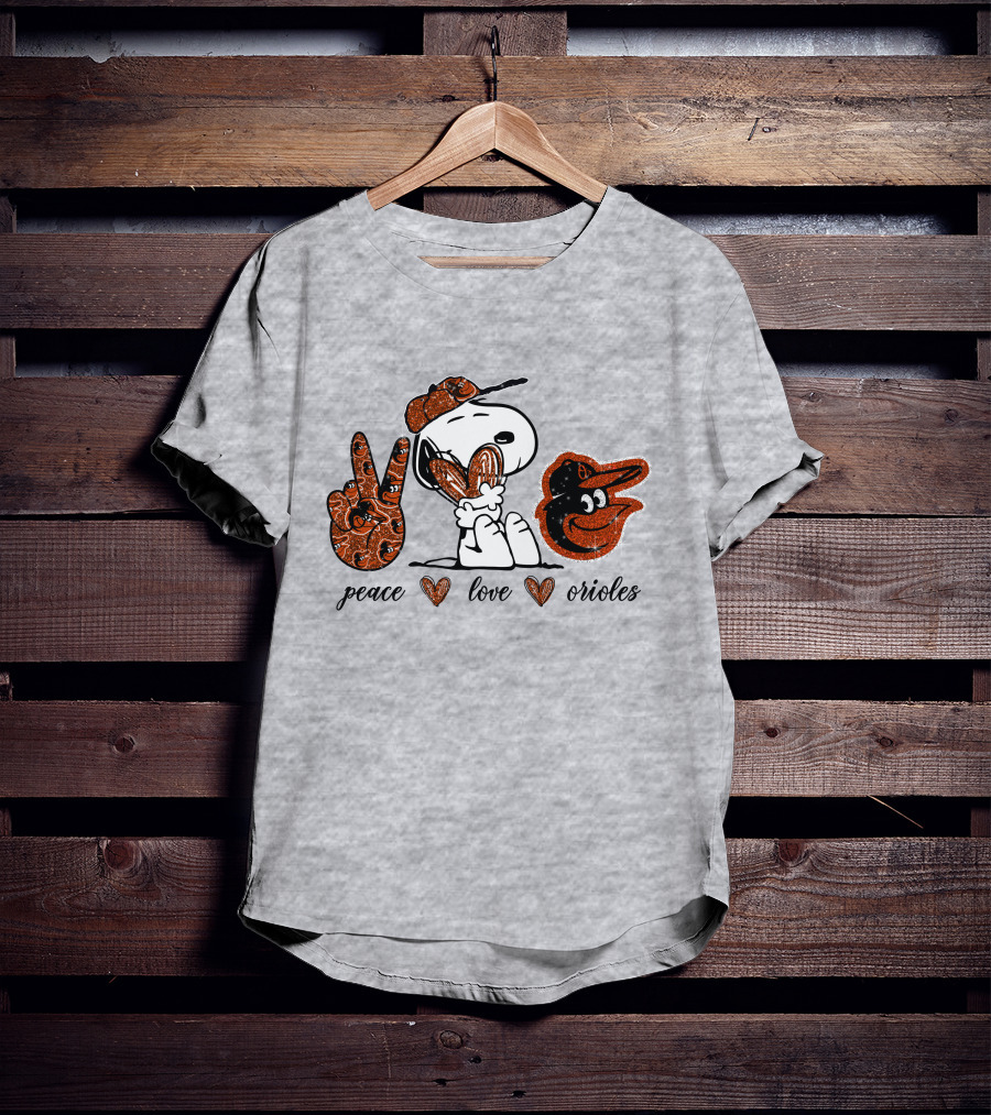 Peace Love Orioles Snoopy Style Baltimore Orioles T-Shirt