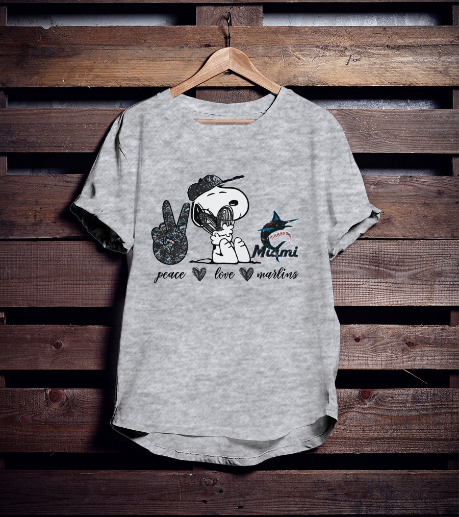 Peace Love Miami Marlins Snoopy Baseball Fan T-Shirt