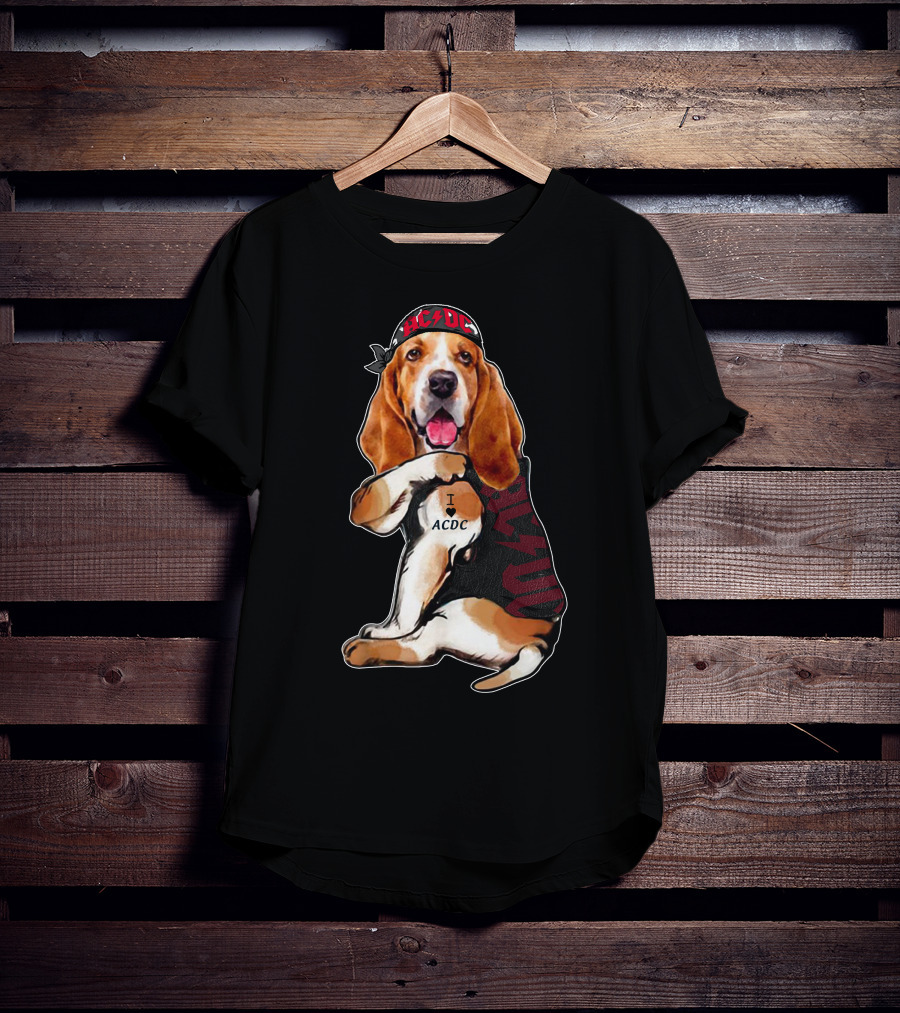 Basset Hound I Love Ac/Dc Bandana And Tattoo Style With Red Bandana And Black Vest T-Shirt