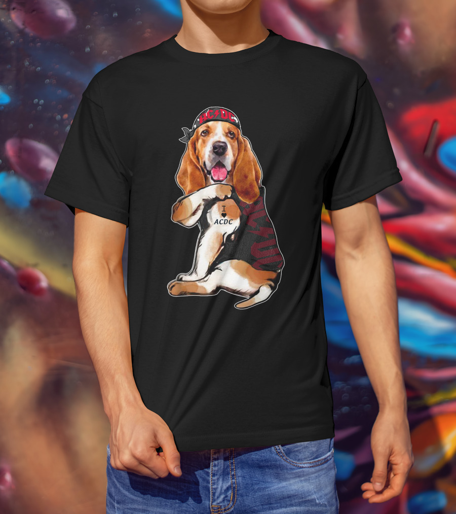 Basset Hound I Love Ac/Dc Bandana And Tattoo Style With Red Bandana And Black Vest T-Shirt