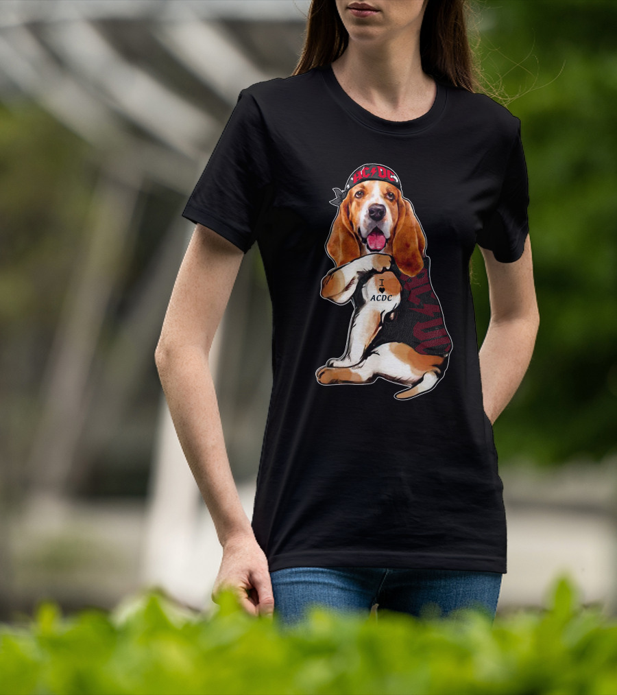 Basset Hound I Love Ac/Dc Bandana And Tattoo Style With Red Bandana And Black Vest T-Shirt