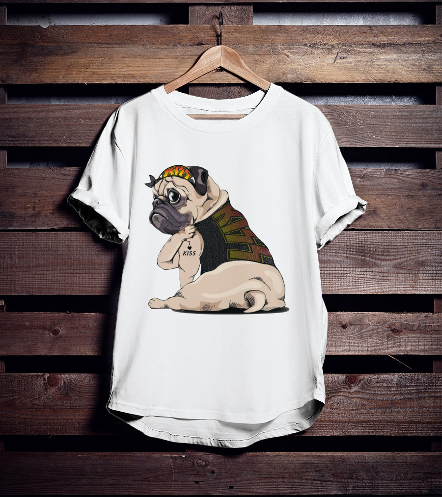 Kiss Bandana Pug With I Love Kiss Tattoo T-Shirt