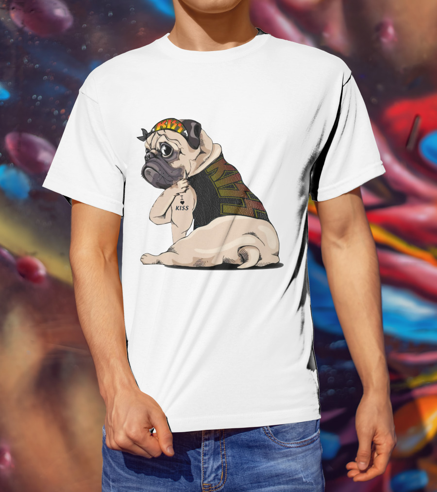 Kiss Bandana Pug With I Love Kiss Tattoo T-Shirt