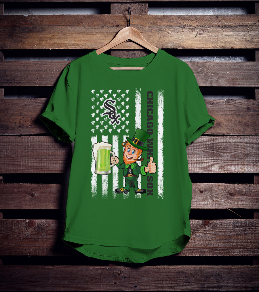 Chicago White Sox St Patrick's Day Leprechaun With Shamrock Beer And American Flag T-Shirt