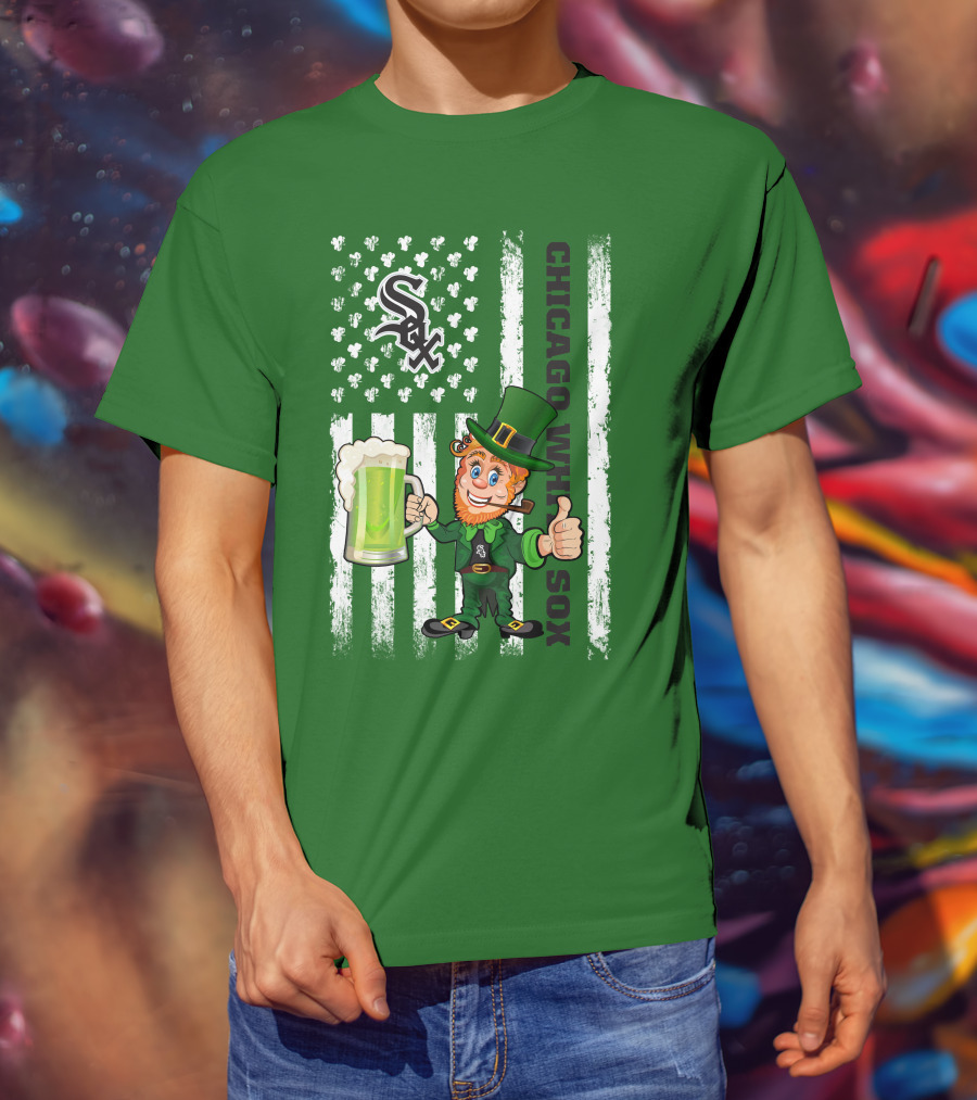 Chicago White Sox St Patrick's Day Leprechaun With Shamrock Beer And American Flag T-Shirt