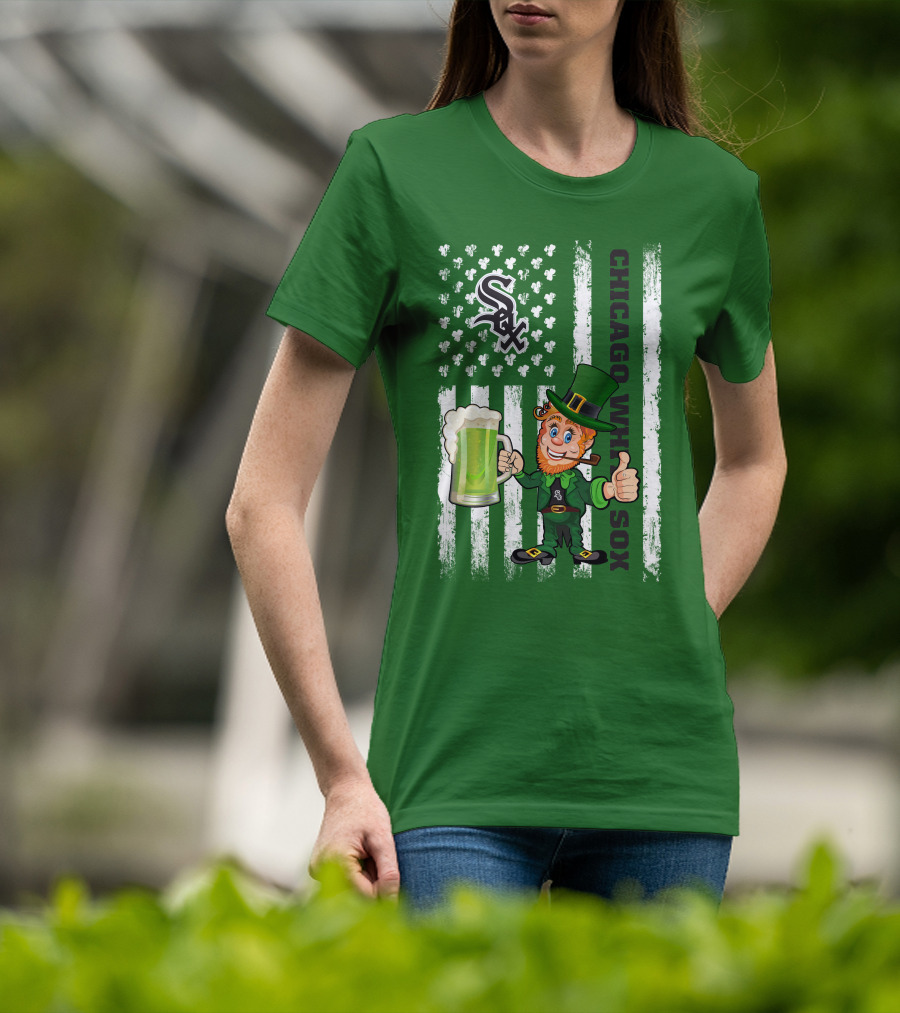 Chicago White Sox St Patrick's Day Leprechaun With Shamrock Beer And American Flag T-Shirt
