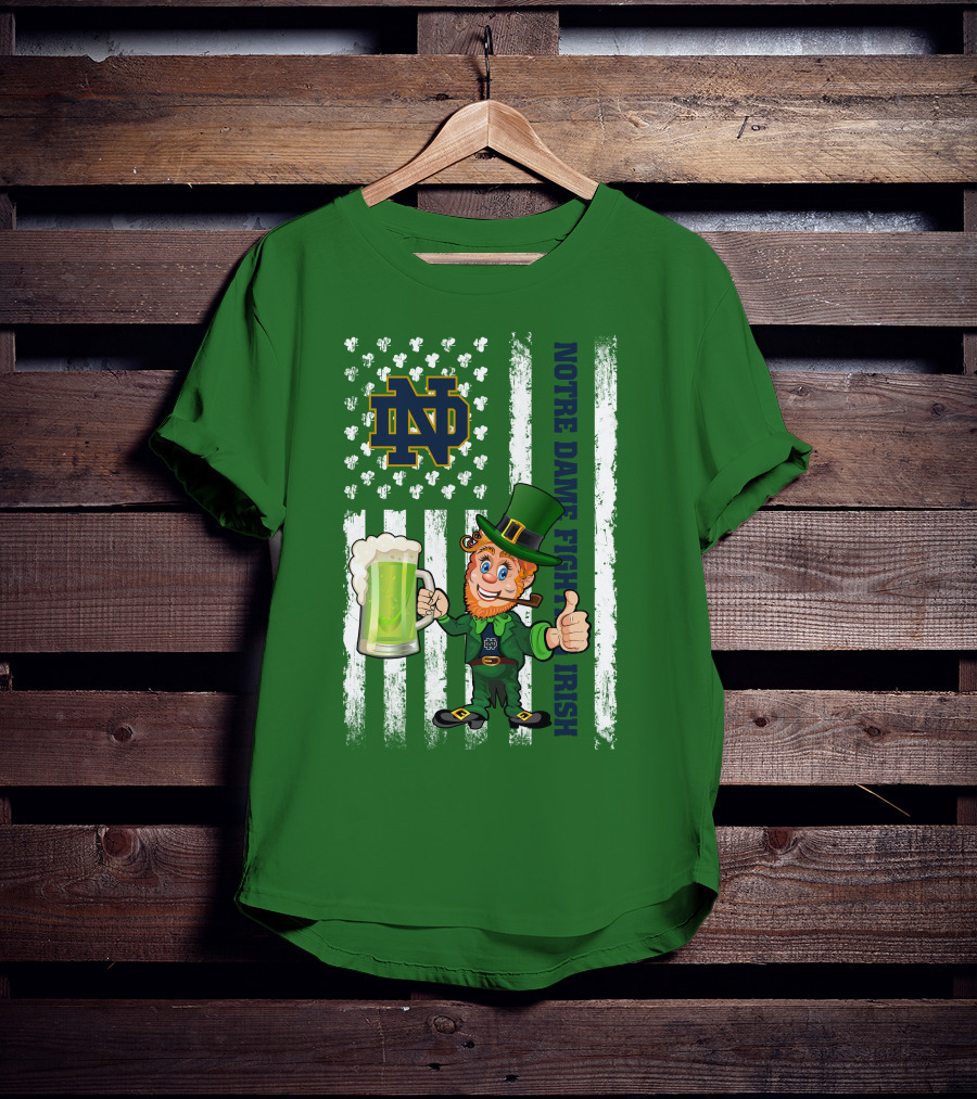Notre Dame Fighting Irish Leprechaun With Beer And Shamrock Flag T-Shirt