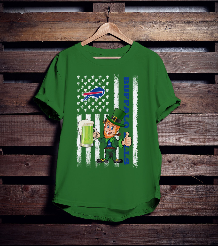 Buffalo Bills St Patrick's Day Leprechaun American Flag Shamrocks Beer T-Shirt