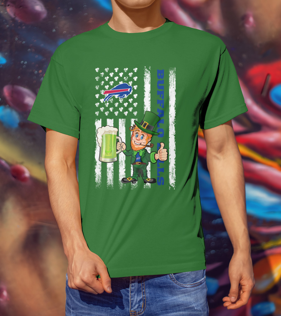 Buffalo Bills St Patrick's Day Leprechaun American Flag Shamrocks Beer T-Shirt