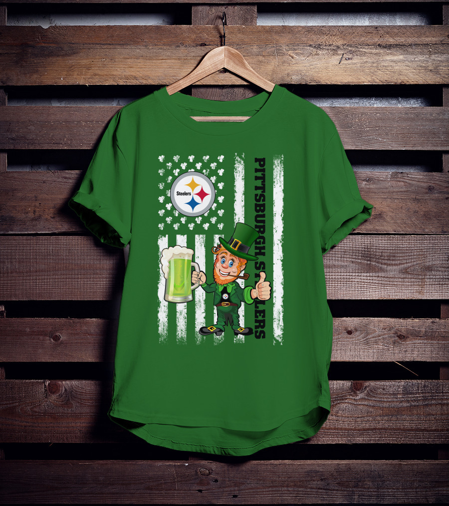 Pittsburgh Steelers Leprechaun St Patrick's Day Shamrock Beer Flag T-Shirt