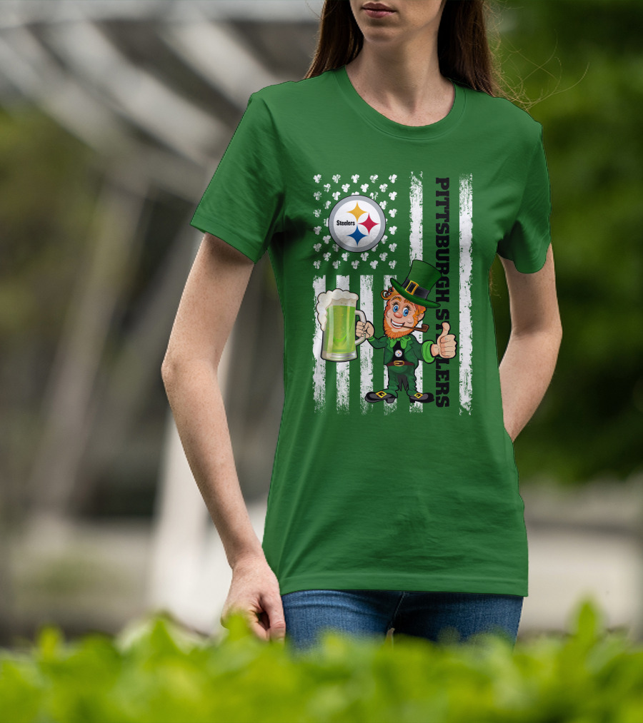 Pittsburgh Steelers Leprechaun St Patrick's Day Shamrock Beer Flag T-Shirt