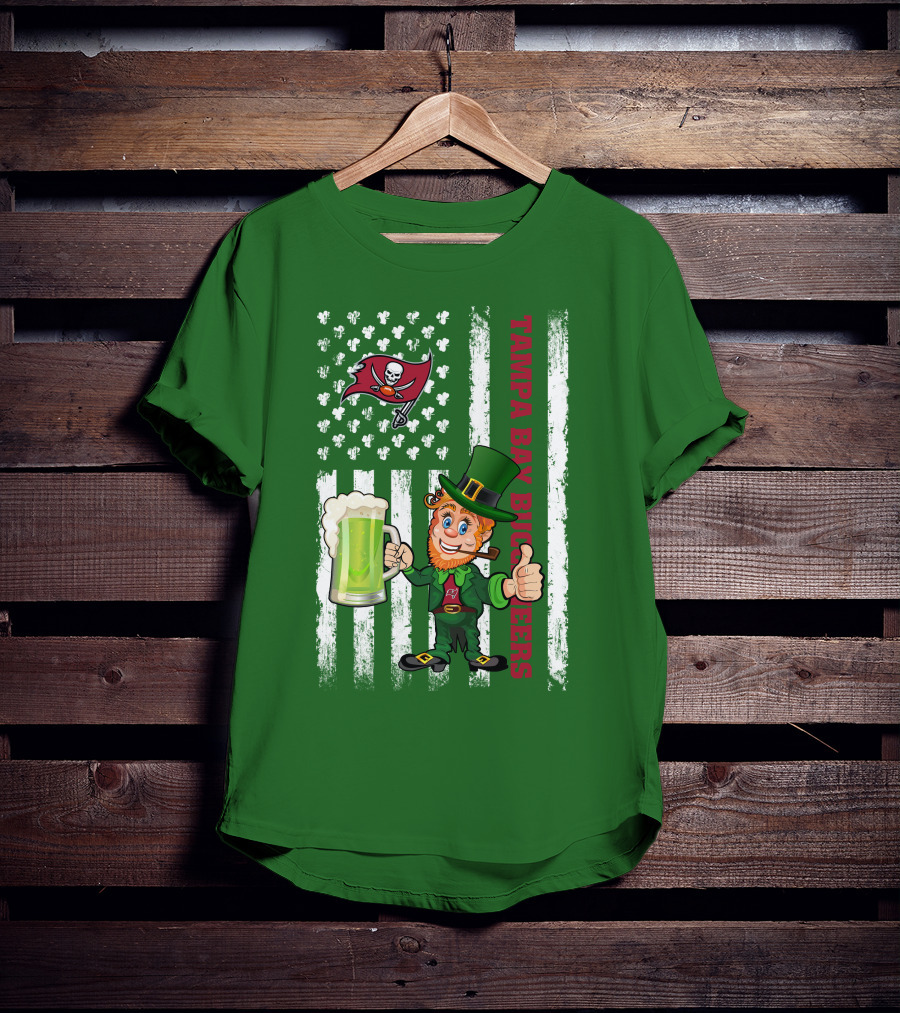 Tampa Bay Buccaneers St Patrick's Day Leprechaun Flag With Shamrocks And Green Beer T-Shirt