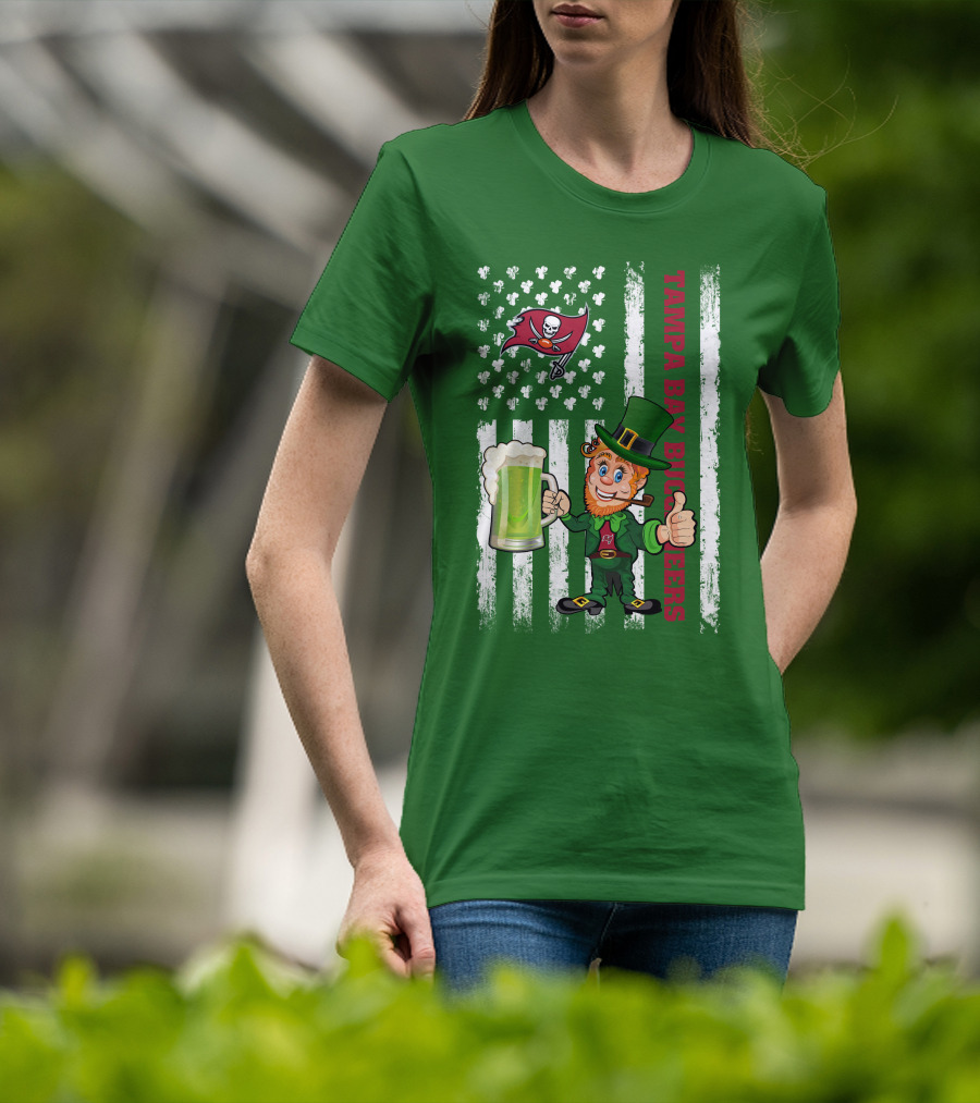 Tampa Bay Buccaneers St Patrick's Day Leprechaun Flag With Shamrocks And Green Beer T-Shirt