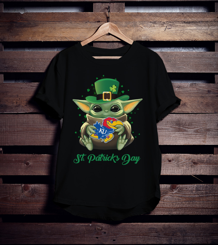 St. Patrick's Day Kansas Jayhawks Baby Yoda KU T-Shirt
