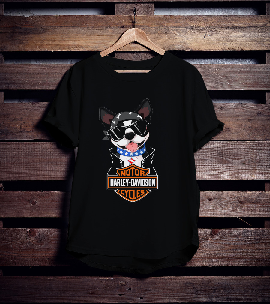 Harley Davidson Boston Terrier Motorcycle American Flag Scarf T-Shirt