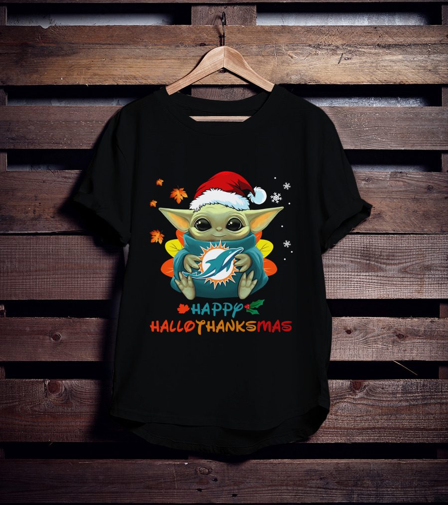 Happy Hallothanksmas Miami Dolphins Baby Yoda T-Shirt