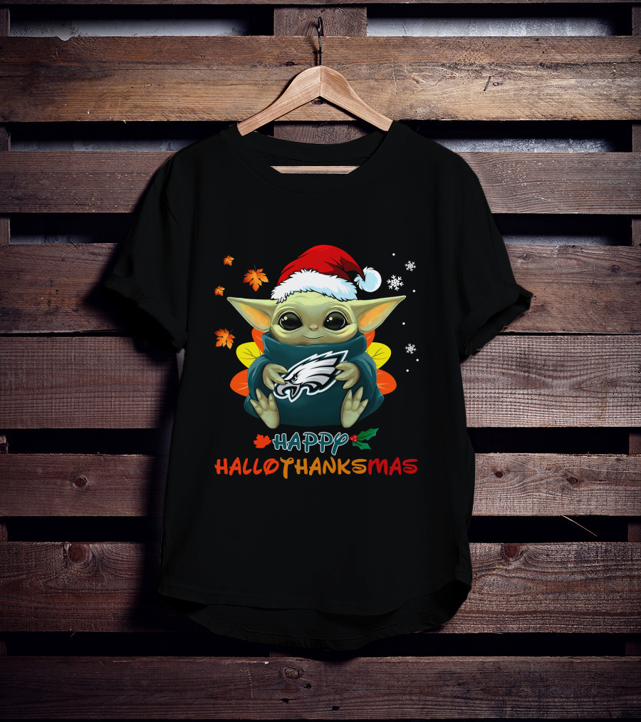 Happy Hallothanksmas Philadelphia Eagles Baby Yoda Santa Hat T-Shirt