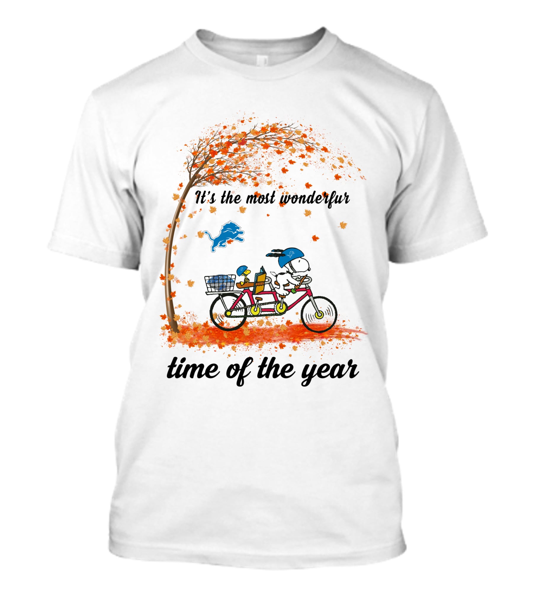 Detroit Lions It's The Most Wonderful Time Of The Year Autumn Snoopy Riding Bicycle T-Shirt
