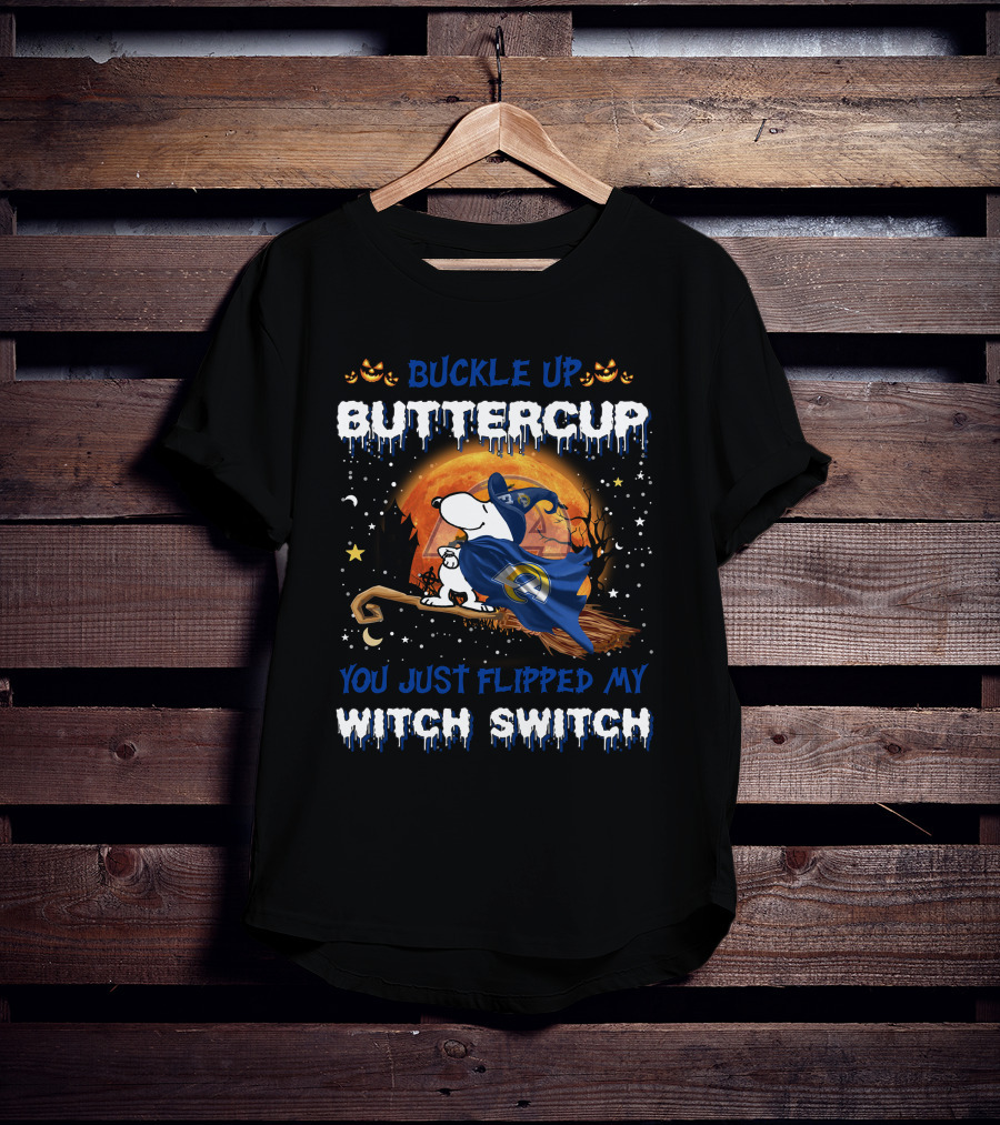 Buckle Up Buttercup Los Angeles Rams Snoopy Witch Switch Halloween T-Shirt