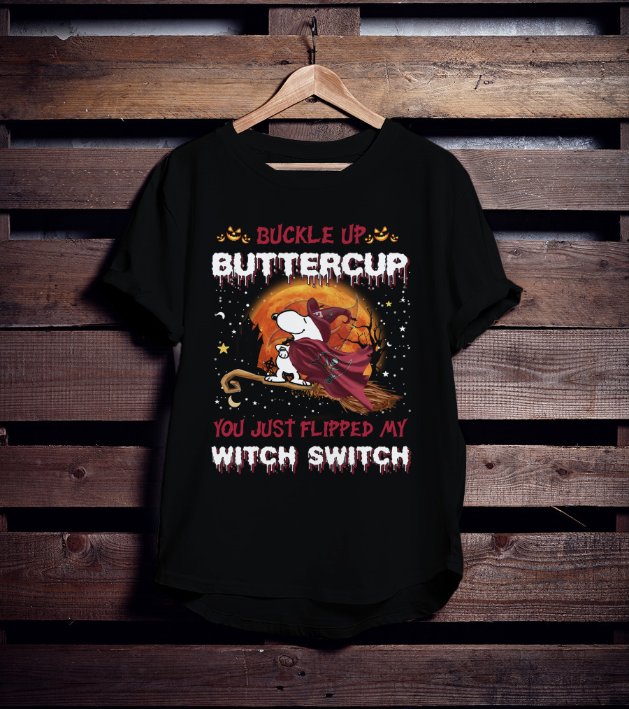 Buckle Up Buttercup You Just Flipped My Witch Switch Snoopy Broomstick Halloween Moon T-Shirt