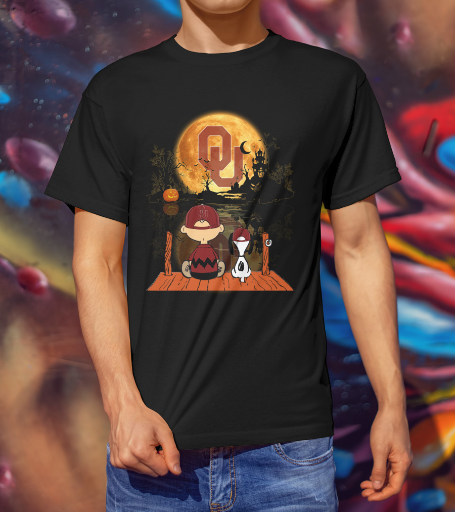 Oklahoma Sooners Halloween Moon Charlie Brown And SnoopyOU Haunted House T-Shirt