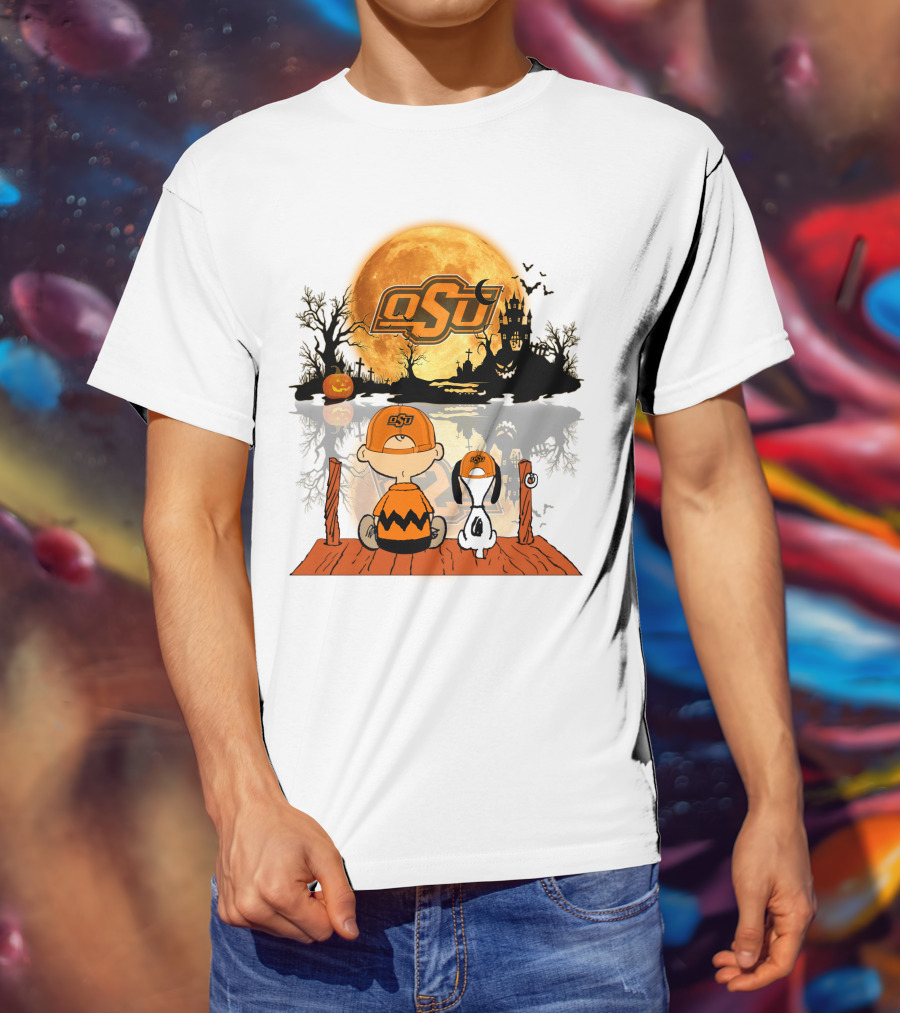 Oklahoma State Cowboys Halloween OSU Moon Charlie And Snoopy T-Shirt