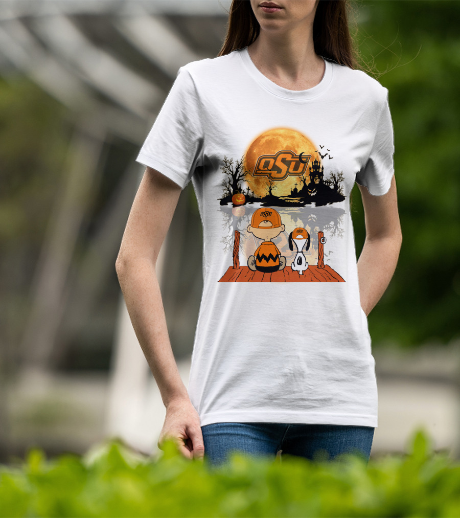 Oklahoma State Cowboys Halloween OSU Moon Charlie And Snoopy T-Shirt