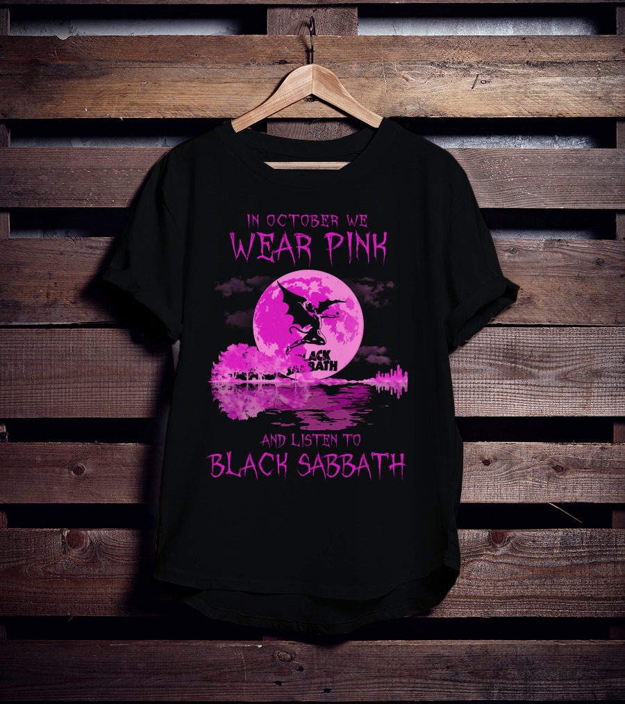 In October We Wear Pink With Black Sabbath Bat Silhouette And Pink Moon Reflection T-Shirt