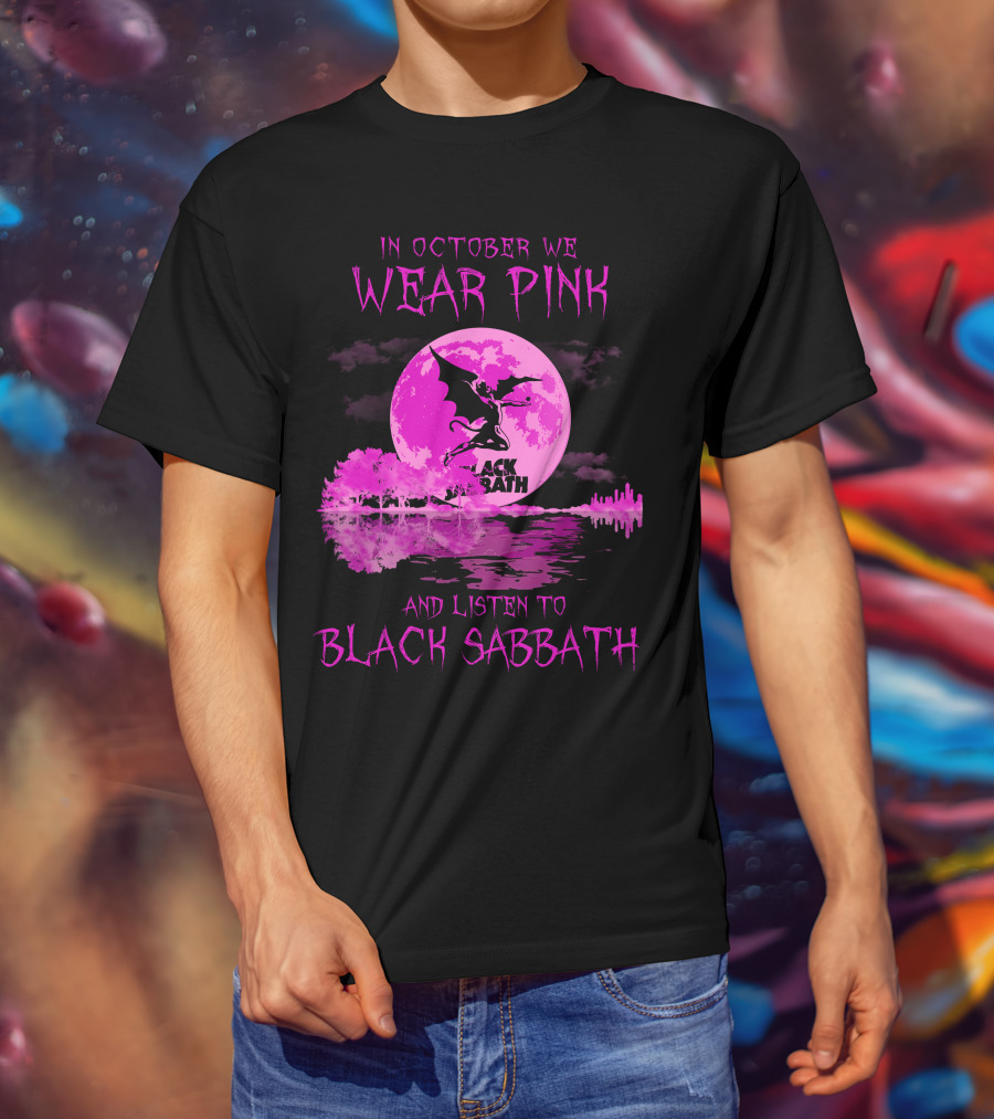 In October We Wear Pink With Black Sabbath Bat Silhouette And Pink Moon Reflection T-Shirt