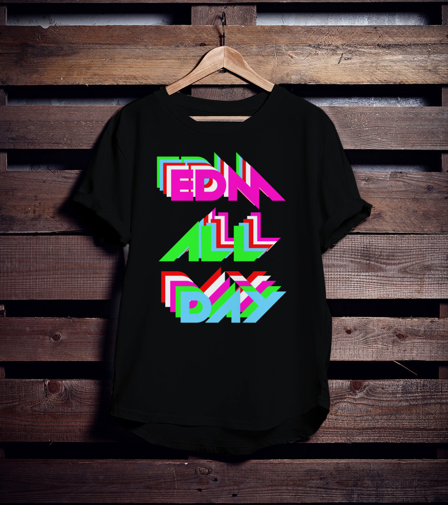 EDM All Day Cool Neon Anaglyph Style Rave Black Ink T-Shirt