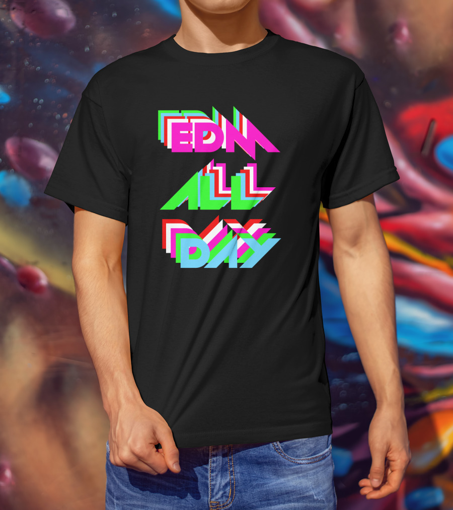 EDM All Day Cool Neon Anaglyph Style Rave Black Ink T-Shirt