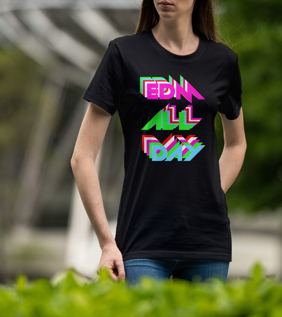 EDM All Day Cool Neon Anaglyph Style Rave Black Ink T-Shirt