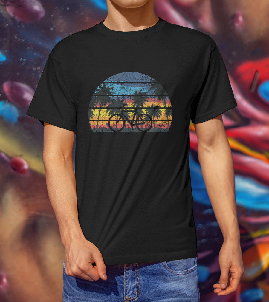 Bicycle Cycling Vintage Bike Rider Palm Trees Sunset Stripes T-Shirt