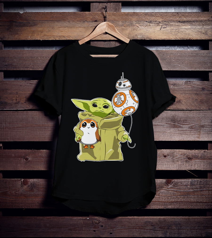 Baby Yoda Hug Sad Porg With BB-8 Balloon T-Shirt