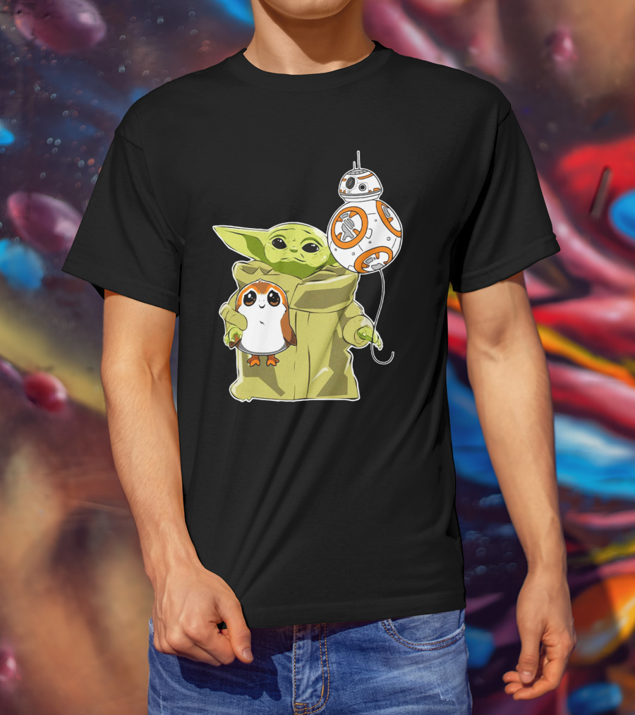 Baby Yoda Hug Sad Porg With BB-8 Balloon T-Shirt